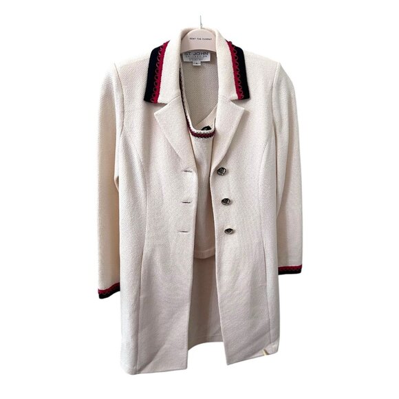 St John Collection Santana Knit Jacket & Shell Set Cream Black Red Trim Sz 4 - Picture 1 of 10